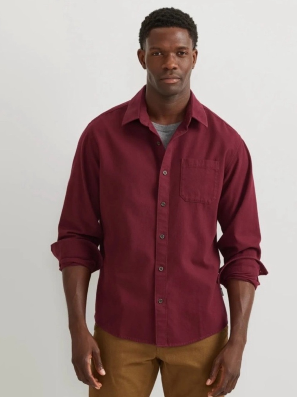L.L. Bean Men's Deep Red Chamois Flannel Casual Button-Down Shirt